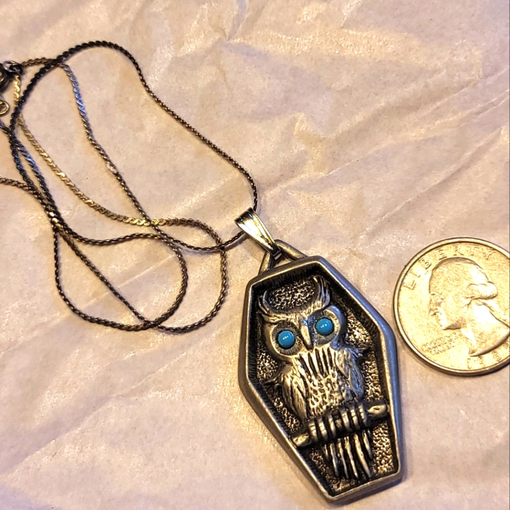 VTG J. Ritter Signed Pewter Owl Necklace With Blue Eyes, Silver Tone 24" - Picture 6 of 6